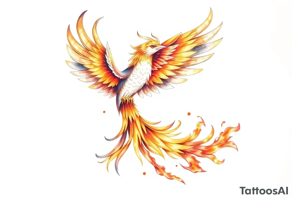 magnificent phoenix rising from golden flames with trailing embers tattoo idea