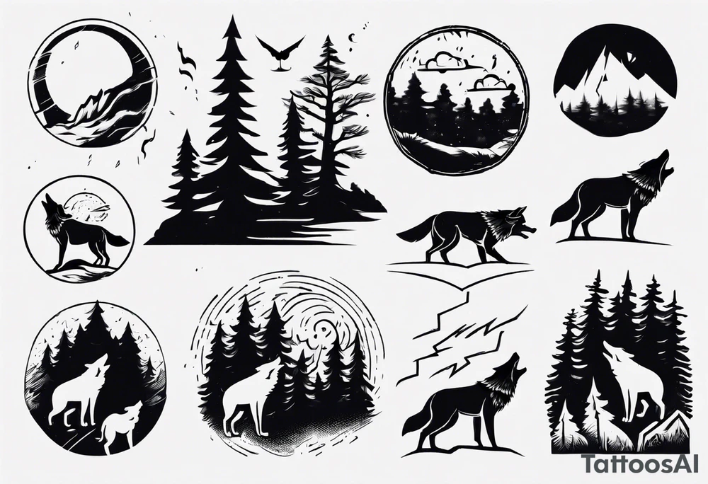 a thunderstorm over a forest and a wolf howling tattoo idea a thunderstorm over a forest and a wolf howling tattoo idea