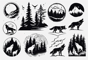 a thunderstorm over a forest and a wolf howling tattoo idea
