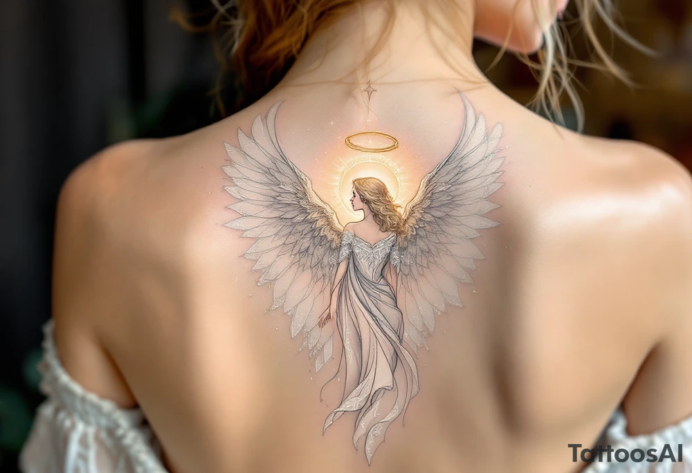 A majestic guardian angel with soft, flowing wings. The angel’s robe is made of delicate white and silver filigree patterns, flowing like silk in the wind. A radiant halo of soft golden light hovers above its head, casting a gentle glow. tattoo idea