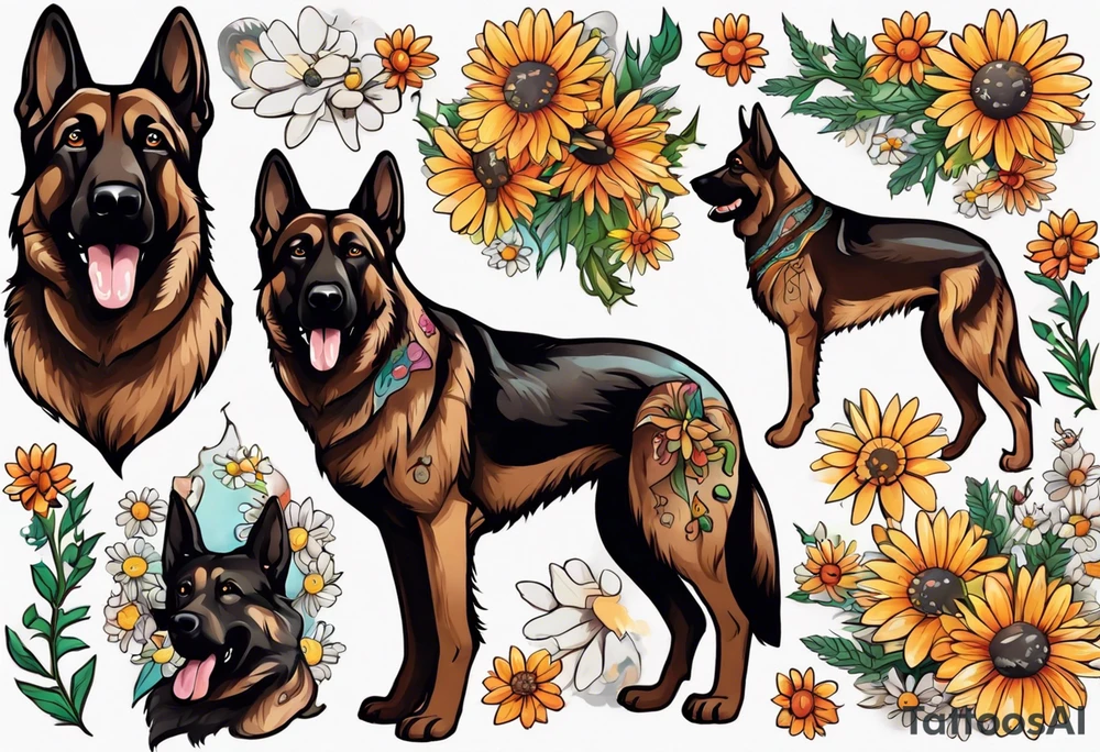 Dark Brown German shepherd portrait surrounded by  daisies brightly colored tattoo idea