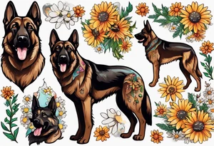 Dark Brown German shepherd portrait surrounded by  daisies brightly colored tattoo idea