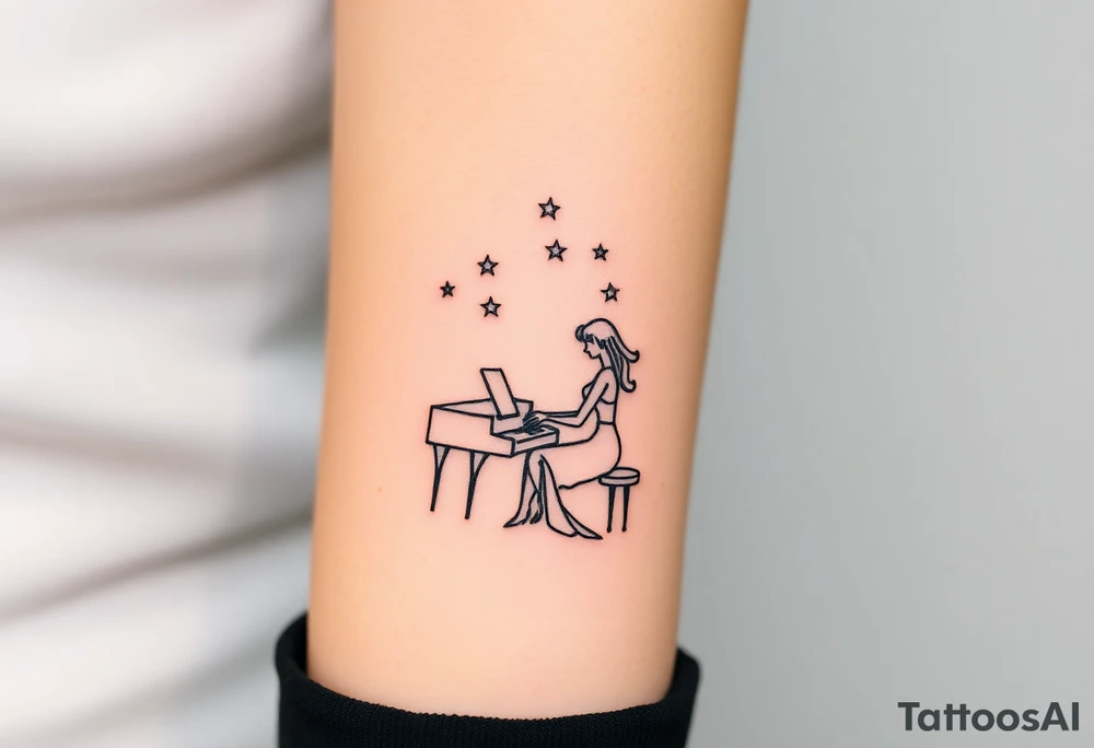 woman playing piano under the stars tattoo idea