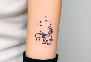 woman playing piano under the stars tattoo idea