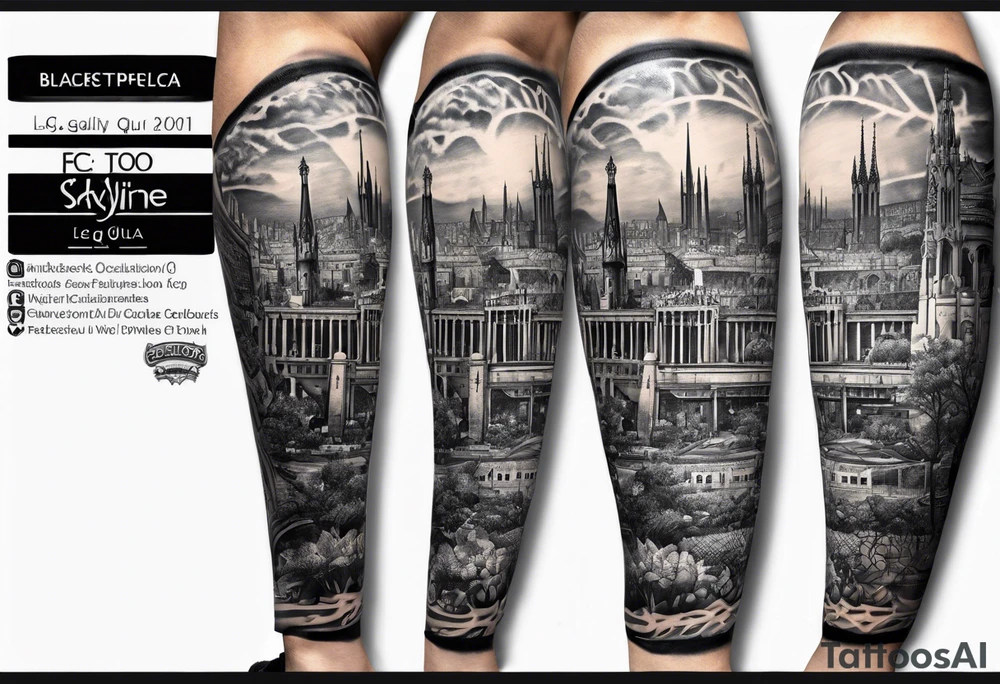 Barcelona skyline leg sleeve with fc Barcelona soccer stadium tattoo idea