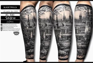 Barcelona skyline leg sleeve with fc Barcelona soccer stadium tattoo idea