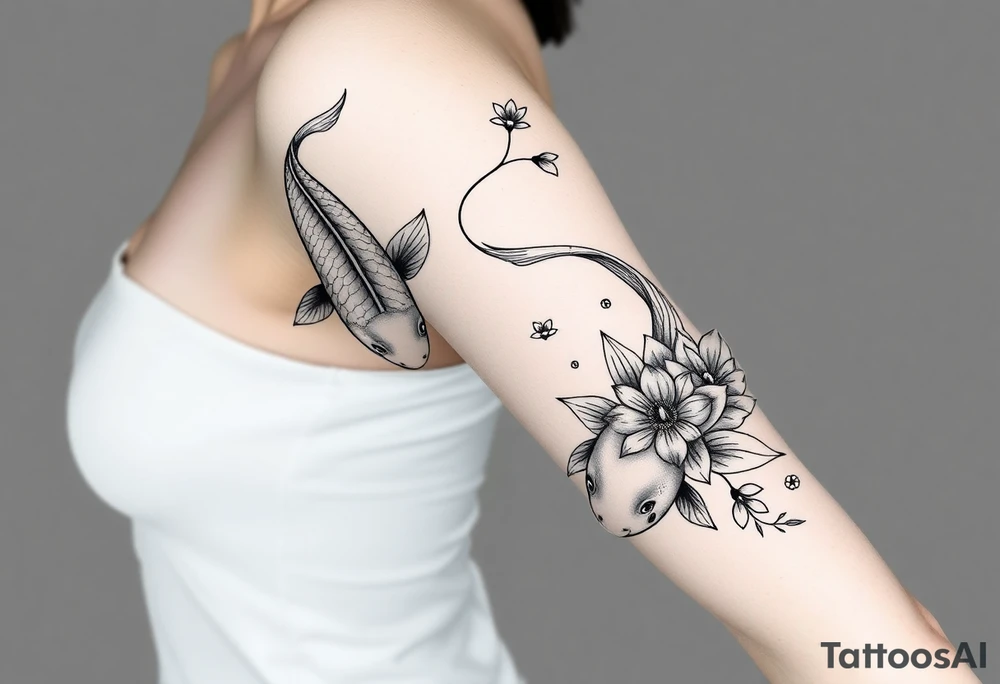 2 koi swimming upstream with tiger lily’s tattoo idea