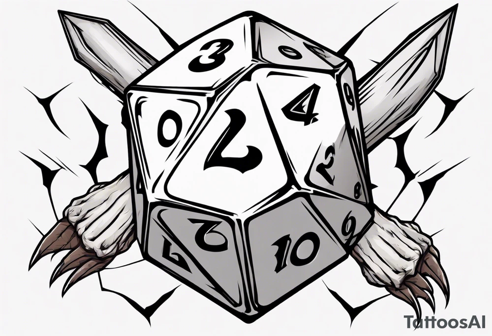 A 20 sided Dice with numbers and wolverine claw marks framing the underneath of the dice and a werewolf in the background tattoo idea