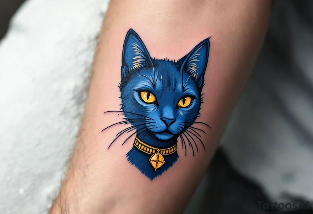A cobalt-blue Bastet cat with gold earrings and collar, radiating mystery and protection. tattoo idea
