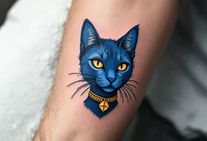 A cobalt-blue Bastet cat with gold earrings and collar, radiating mystery and protection. tattoo idea