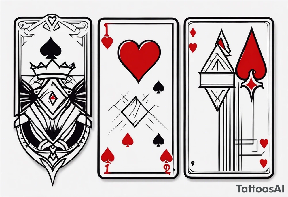 one combined tatto in minimalistic style with icon style three king of spades and icon style one queen of hearts. extreme minimalstic and few lines. much more minimalistic and fewer lines tattoo idea