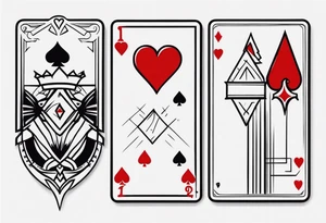 one combined tatto in minimalistic style with icon style three king of spades and icon style one queen of hearts. extreme minimalstic and few lines. much more minimalistic and fewer lines tattoo idea