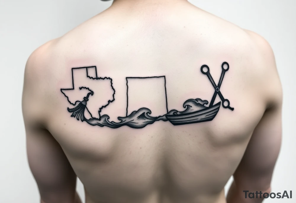 State Silhouettes: Waves forming the shapes of Texas, Connecticut, and Washington state, indicating the places you’ve called home.
	•	Cosmetology Symbols: Incorporate a comb and scissors subtly into the boat’s rigging or hull design. tattoo idea