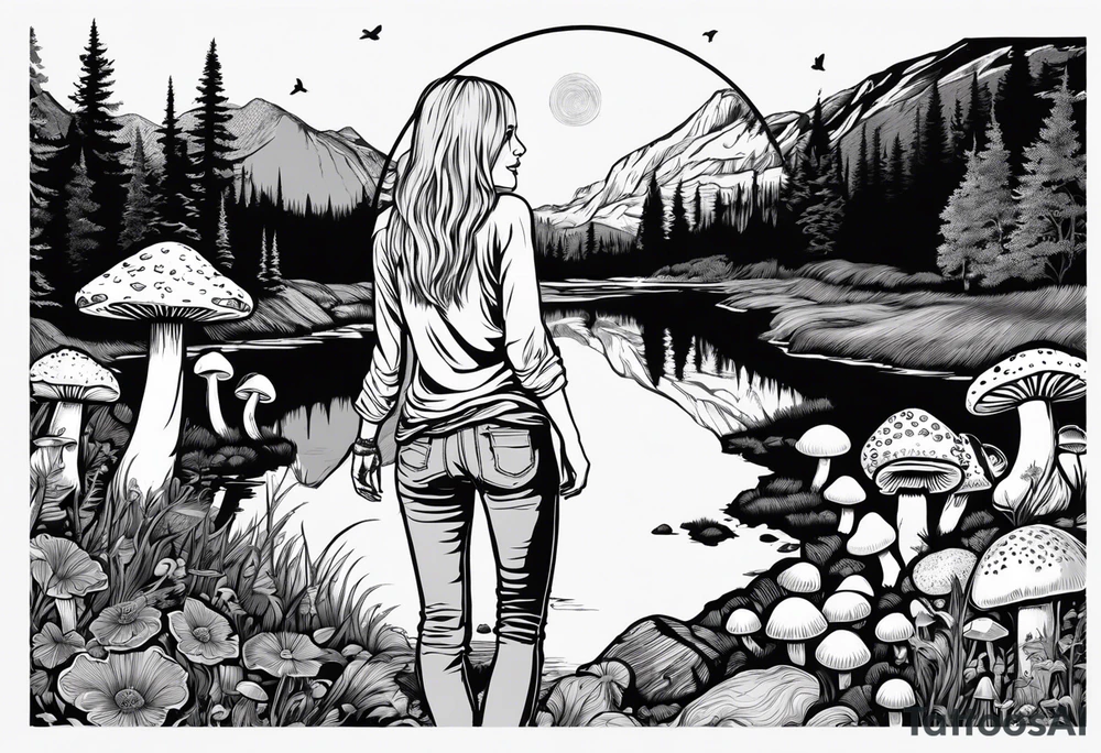 Whole picture encircled fully

Straight long blonde hair hippie girl in distance holding mushrooms in hand facing away toward mountains and creek surrounded by mushrooms long sleeve shirt and hiking pants; whole rendering within a full circle, no cut off circle tattoo idea
