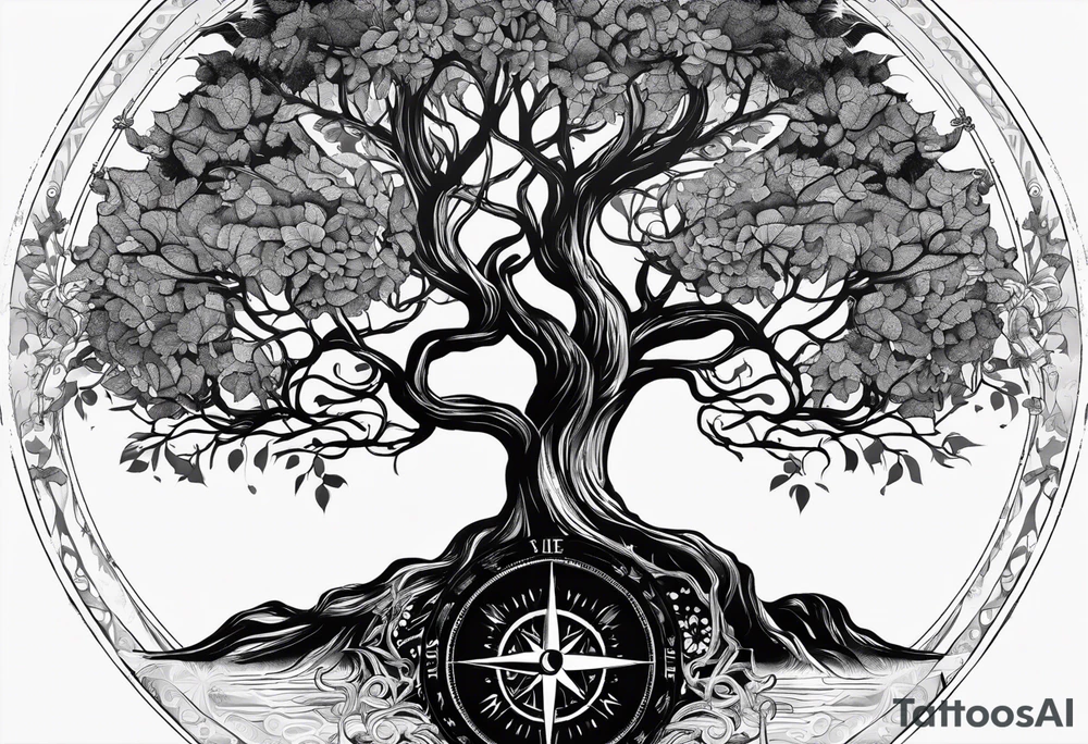 circle of life tree
the roots of the tree wrapped around a compass 
the compass is below the tree
the roots of the tree are wrapped around the compass tattoo idea