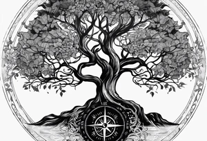 circle of life tree
the roots of the tree wrapped around a compass 
the compass is below the tree
the roots of the tree are wrapped around the compass tattoo idea