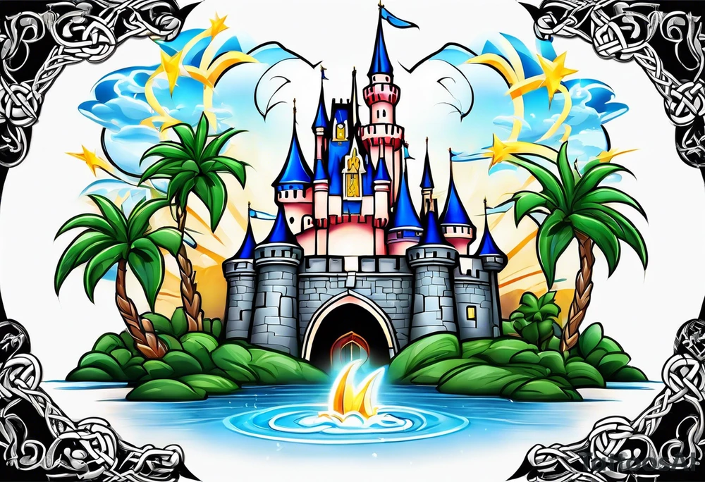 disney castle with a lightning storm palm trees and a mickey mouse and celtic symbol for family tattoo idea