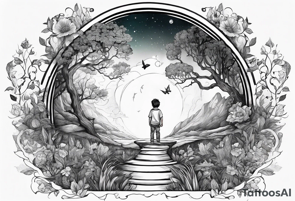 a small boy entering a portal to a fantasy world filled with nature tattoo idea