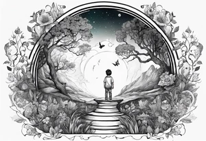 a small boy entering a portal to a fantasy world filled with nature tattoo idea