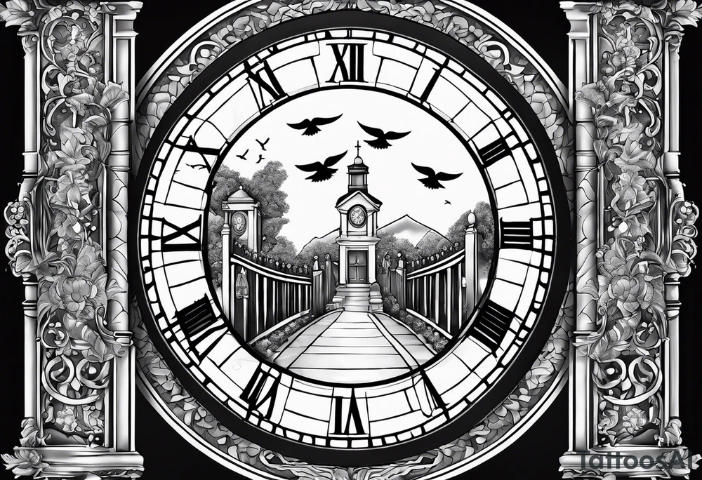 Forearm tattoo:
Mawmaw
07-05-38 / 09-23-24
Grandson and grandma walking up to the gates of heaven with the gates opened shinning bright with a cross and Doves flying around 
Big Busted clock behind it with the time of her death 7:00pm tattoo idea