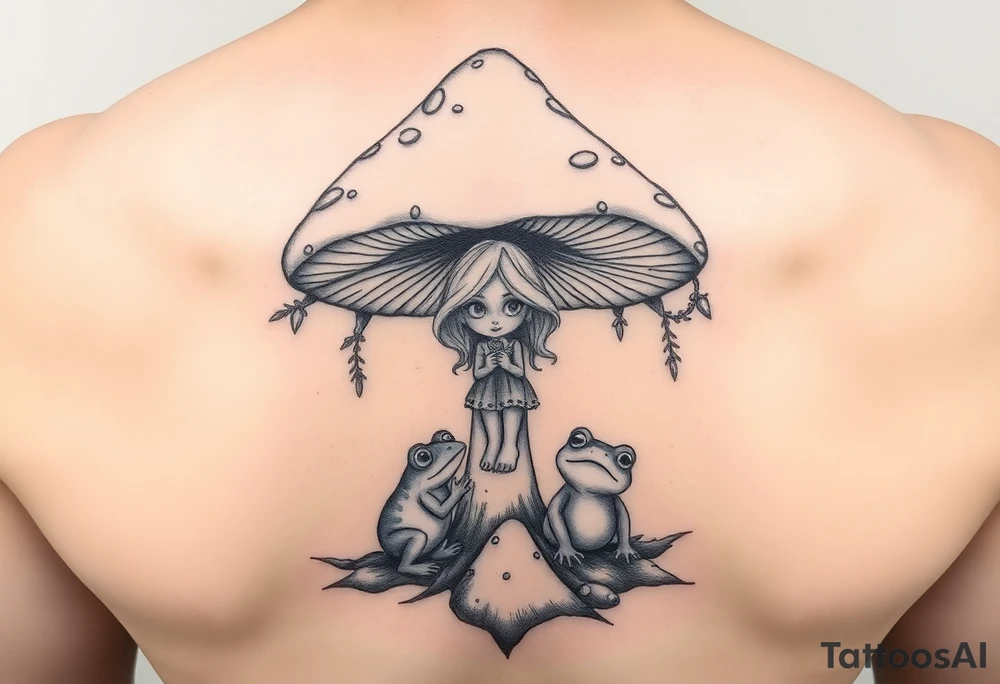 A mystic and majestic mushroom forest with a beautiful female troll eating a lollipop atop of the biggest mushroom with a frog waiting under that same mushroom trying for his chance to become prince charming tattoo idea
