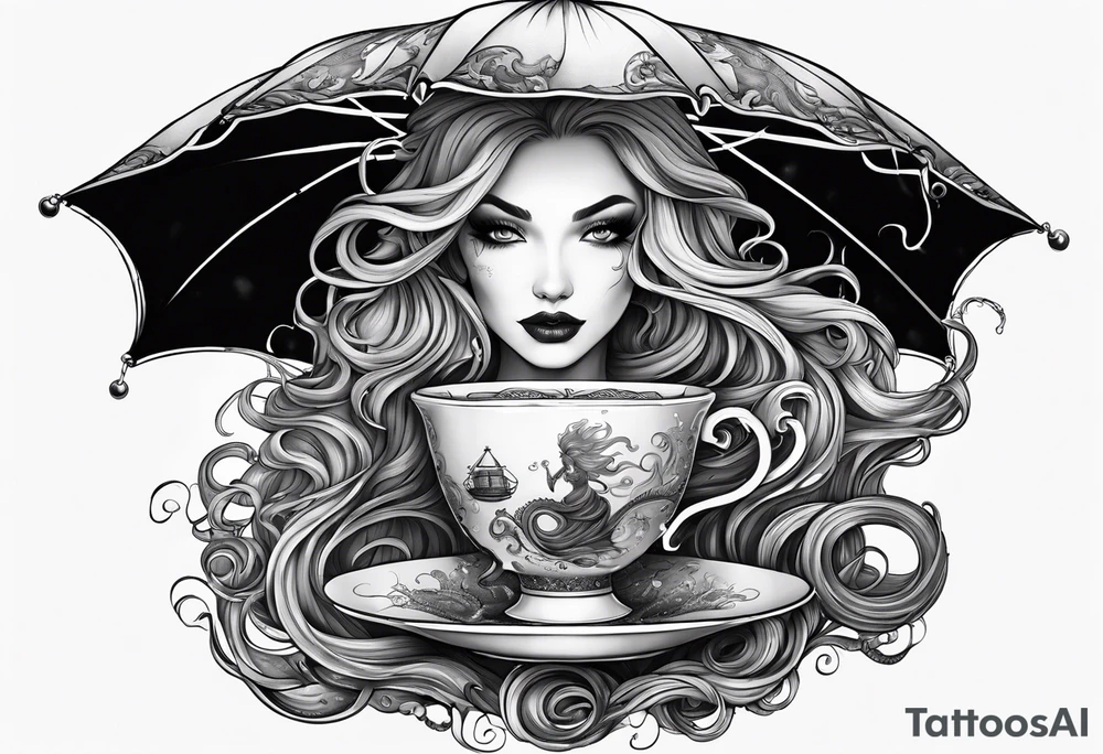 a sea witch with tentacles holding a teacup sitting inside a large umbrella tattoo idea