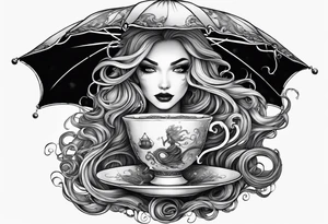 a sea witch with tentacles holding a teacup sitting inside a large umbrella tattoo idea