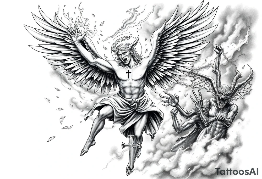 A fallen angel falling from heaven to hell , his wings catch fire and partially burn his halo breaks, Demons and dead souls reach out for him, he has a sexy demon women  by his side as he falls , fire and smoke throughout the backround with creatures lurking in the back, theres an upside diwn cross burnt into his chest tattoo idea
