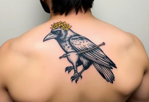 Crow with yellow flower crown, carrying a wand and uterus ripped out in its claws tattoo idea