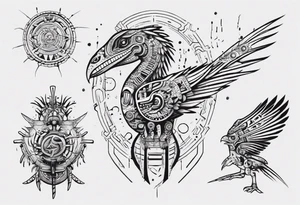 Cyberpunk Mayan/Aztec Quetzal bird/dinosaur with Neurons. tattoo idea