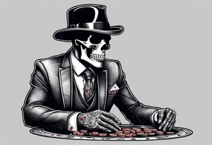 Skeleton in suit, with hat, sitting at the table, holding poker tokens tattoo idea tattoo idea