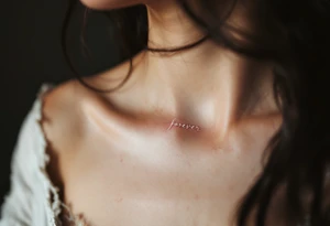 A minimalistic "forever" in delicate white ink across the collarbone, like a hidden promise. tattoo idea