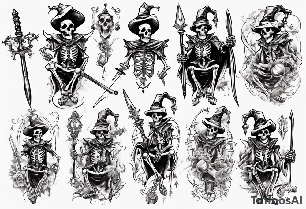 Skeleton court Jester clothed with sword tattoo idea