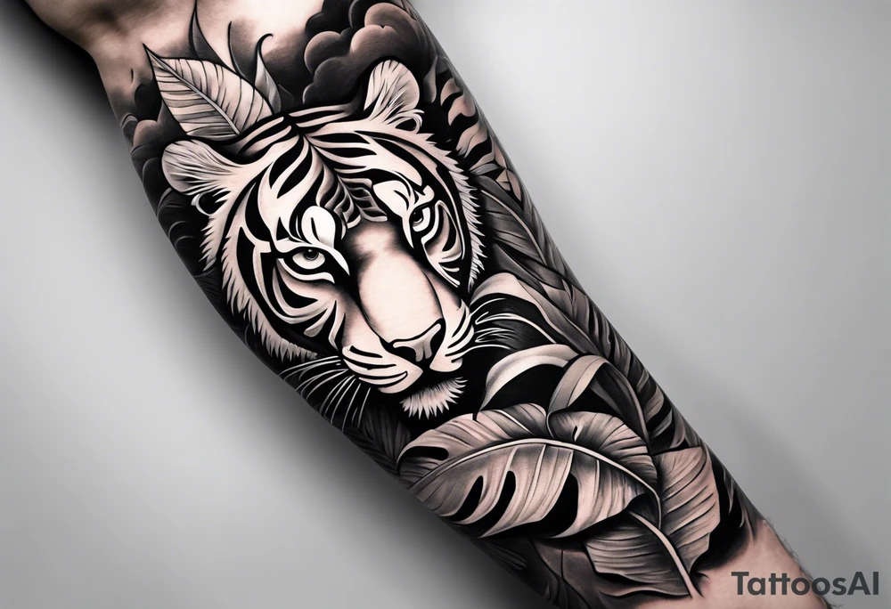 Full arm tattoo sleeve design.  Smaller 
abstract tiger coming down front of shoulder, monstera foliage on forearm, beach landscape on bicep tattoo idea