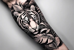 Full arm tattoo sleeve design.  Smaller 
abstract tiger coming down front of shoulder, monstera foliage on forearm, beach landscape on bicep tattoo idea