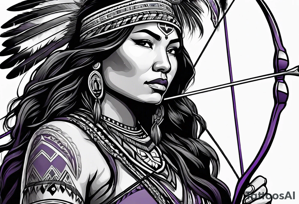 native american female archer on a purple buffalo tattoo idea
