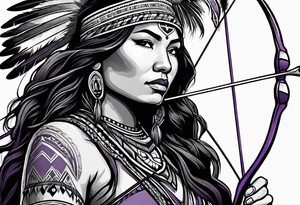 native american female archer on a purple buffalo tattoo idea