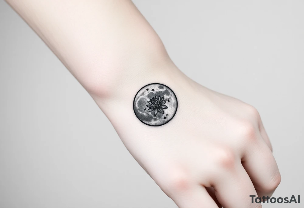 Small black and white tattoo full moon with small chrysanthemum and tiny scorpio gliph inside moon tattoo idea