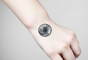 Small black and white tattoo full moon with small chrysanthemum and tiny scorpio gliph inside moon tattoo idea