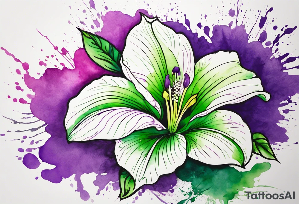 An outline of an only green rio dipladenia flower and a green and purple watercolor splash in the background tattoo idea