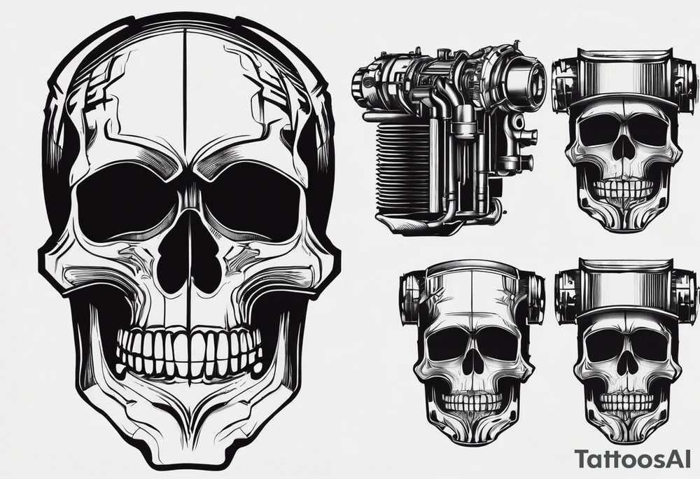Powerful skull and engine, in this appears a piston and a turbo, also the dseign must be vertical. Also, the desing must be minimalistic not saturated. Remember the vertical design as this will go in my calf tattoo idea