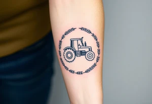 A tractor framed by a circular wreath of wheat and corn stalks, representing abundance and harvest. tattoo idea