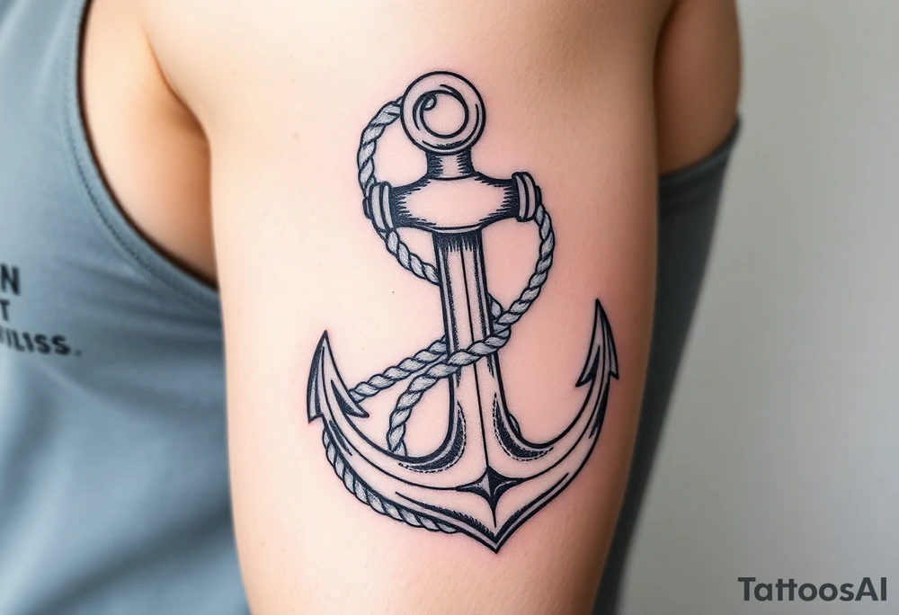 weathered anchor wrapped in nautical rope with sea waves tattoo idea