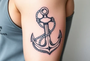 weathered anchor wrapped in nautical rope with sea waves tattoo idea