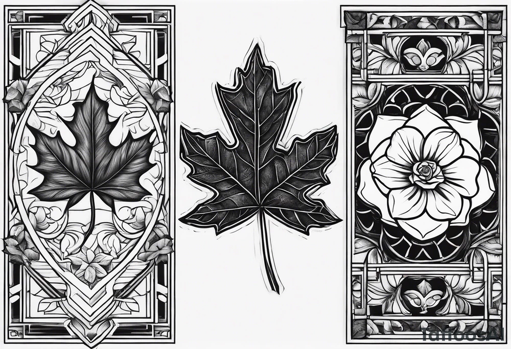 three same-sized rectangles arranged asymmetrically, incorporating a maple leaf and a tudor rose tattoo idea