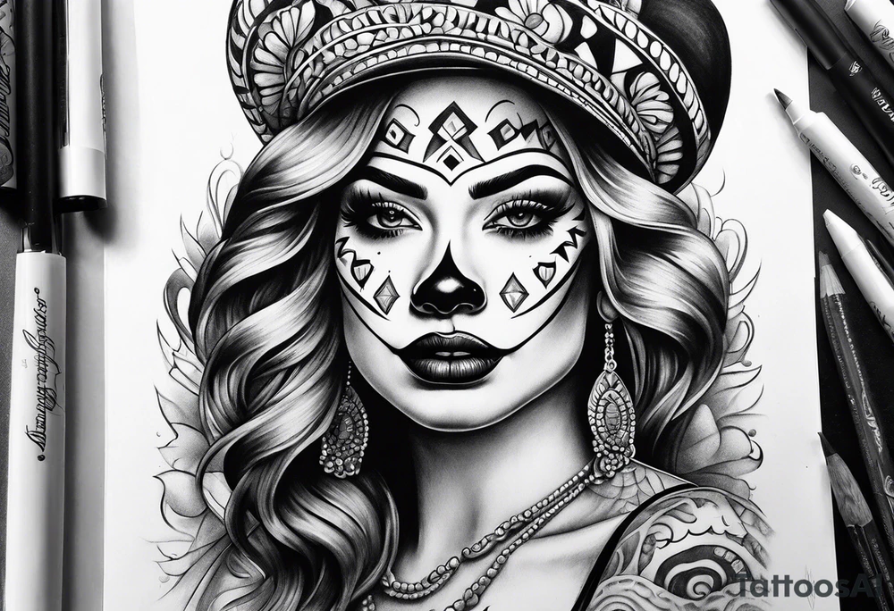 Chicano style women face clown face tattoo idea