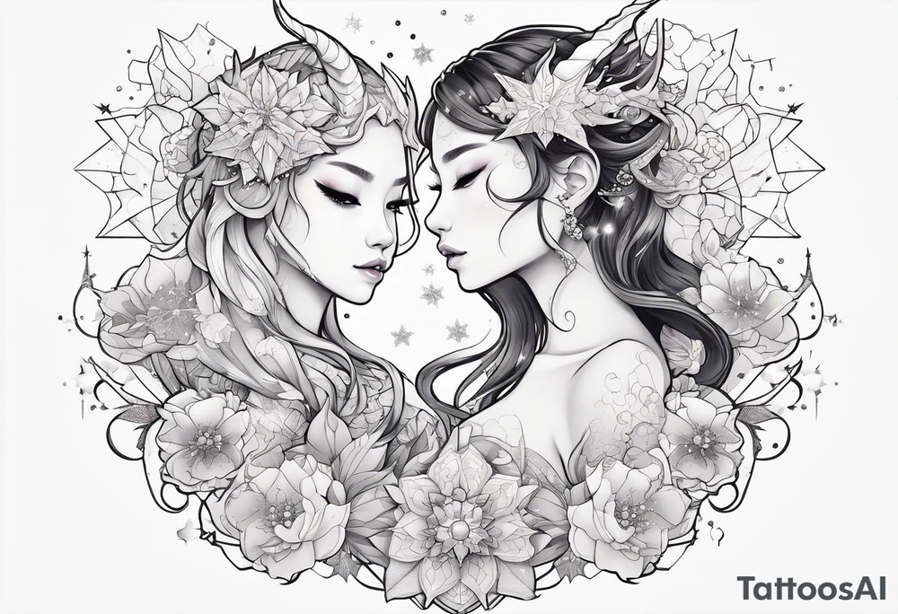 Constellation, kawaii dragon girl , snowflake tattoo idea