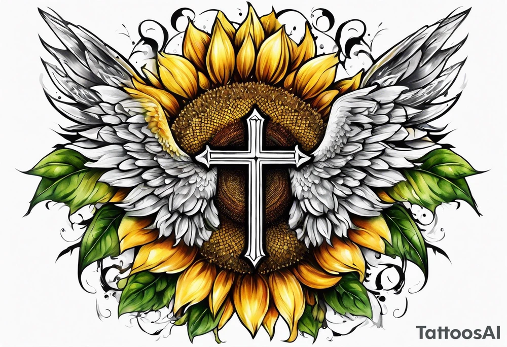 Winged cross with sunflower arm sleeve tattoo idea