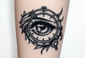 Ojo de mujer rodeada de tinta con un reloj y mucho caos tattoo idea