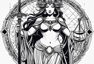 Nemesis, the goddess of justice, standing with sword and scale tattoo idea